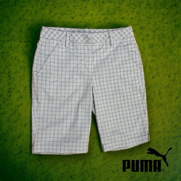 Puma Light Blue/White/Navy Plaid Bermuda Shorts - Picture 1 of 12